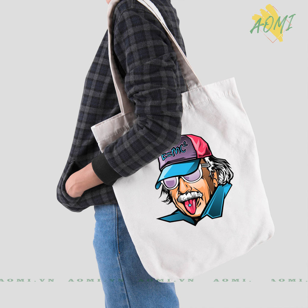 TÚI VẢI ĐEO VAI TOTE CANVAS BAG CÓ KHÓA KÉO SIZE LỚN 33x38cm ALBERT EINSTEIN TCUTE XINH ĐẸP TIỆN ÍCH DẠO PHỐ DU LỊCH