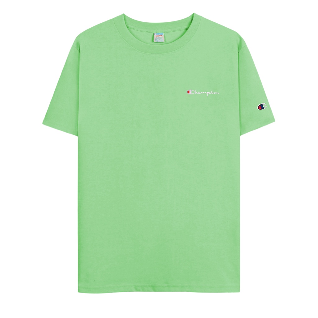 Áo Thun Champion Màu Xanh Lá Cây Nhạt Thêu Chữ Màu Trắng Chất Liệu 100% Cotton Thoáng Mát Form Rộng Thoải Mái