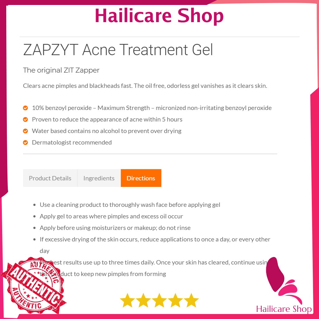 [Nhập Mỹ] Kem chống mụn Zapzyt với công thức chứa 10% Benzoyl Peroxide - Zapzyt 10% Benzoyl Peroxide Gel