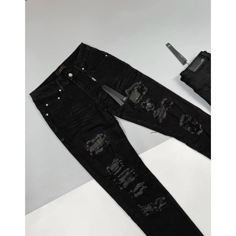 Quần bò nam đen rách đính đá, quần bò đen ốn đứng rách gối chất co dãn hàng spf.