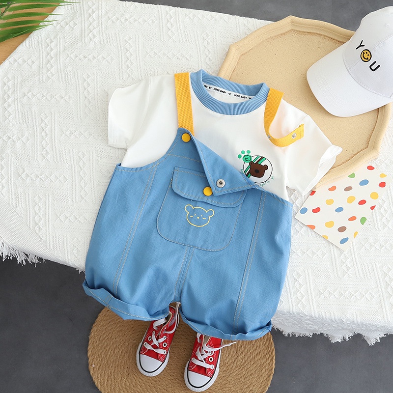 Set Áo Thun Tay Ngắn Cổ Tròn + Quần Short Cotton In Hình Gấu Hoạt Hình Thời Trang Hè Cho Bé Size 80-120cm