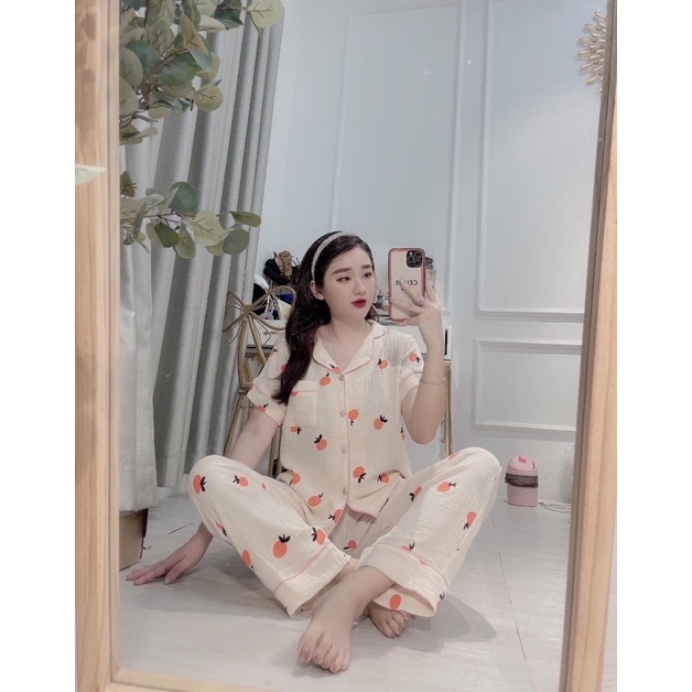 BỘ PIJAMA CHẤT XÔ MUSLIN HÀNG ÁO CỘC QUẦN DÀI - Bộ mặc nhà nữ