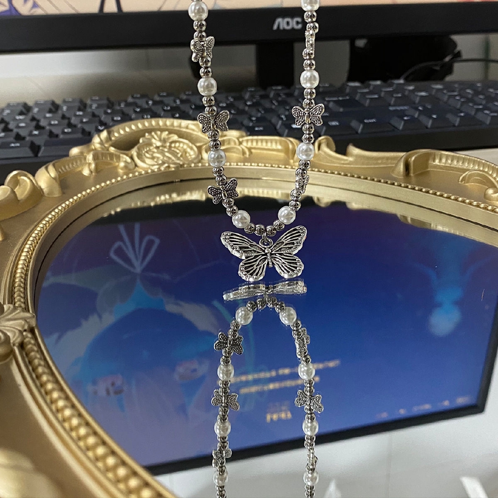 [Giao Hàng Miễn Phí] Dây Chuyền Mặt Hình Bướm Đính Ngọc Trai Phong Cách Hip Hop Hàn Quốc Thời Thượng 22509 Cho Nam Nữ