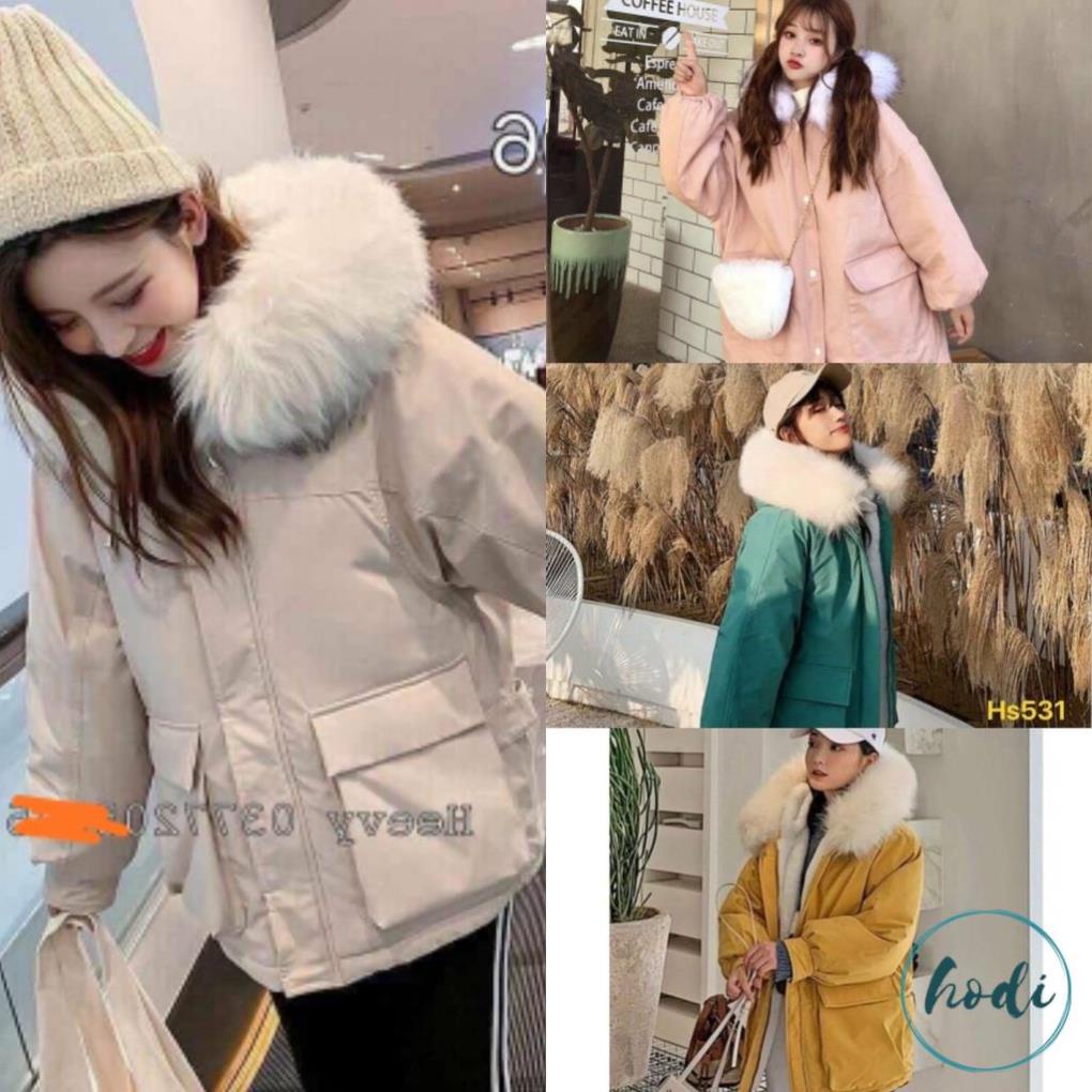 Áo Khoác Nữ 2 Lớp Kaki Lót Lông Cừu Dày Có Mũ Lông Xù Dáng Hàn Quốc Dưới 70kg H054