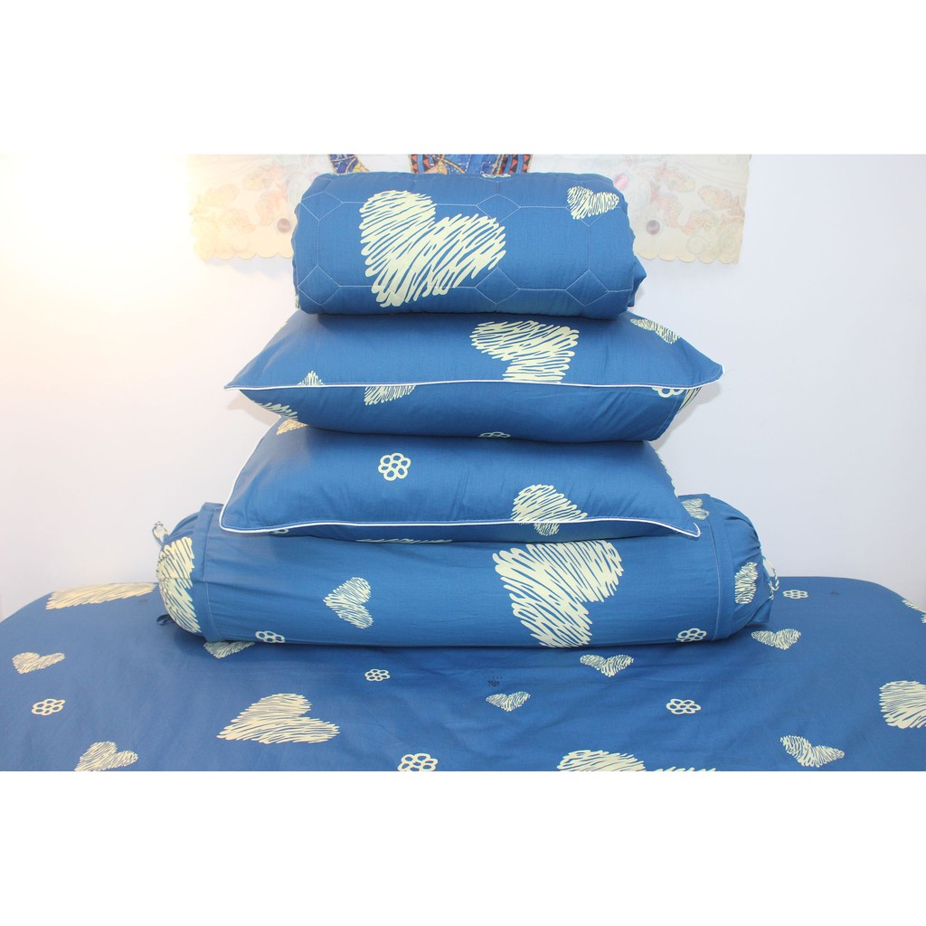 Bộ drap gối KHA LY -  100% cotton thiên nhiên - Tim Xanh - VN238