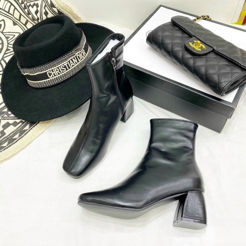 Boot lửng gót vuông da mềm miji