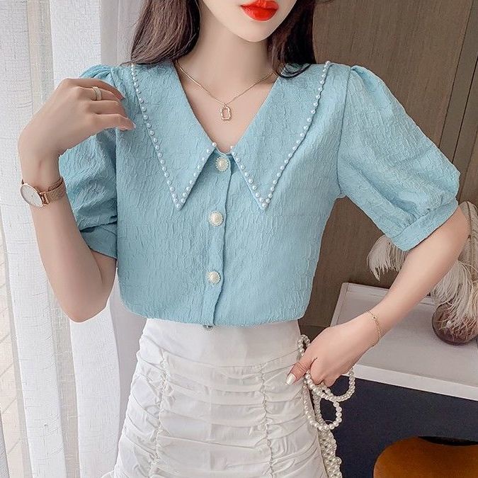 Áo Sơ Mi Vải Voan Tay Ngắn Phồng Cổ Búp Bê Thời Trang Mùa Hè Dành Cho Nữ JUQ7