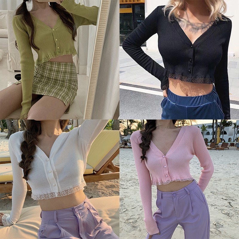 Áo Cardigan Dệt Kim Dài Tay Phối Ren Xinh Xắn Dành Cho Nữ