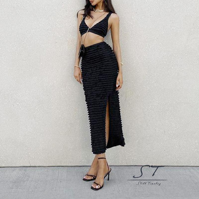 Bộ Áo Cổ Chữ V Không Tay + Chân Váy Dài Xẻ Tà CY03