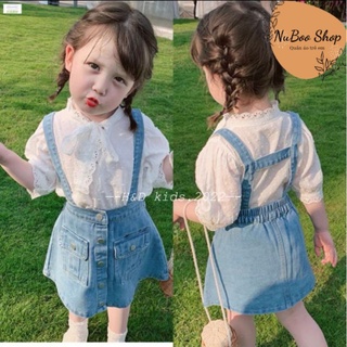 Sét yếm bò kèm áo sơ mi trắng cho bé gái đi học đi chơi, yếm bò mùa hè cho bé 9-23kg