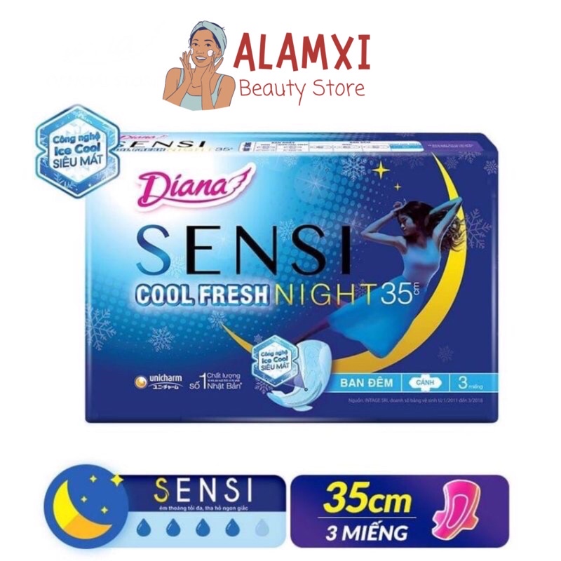 Băng Vệ Sinh Ban Đêm Siêu Thoáng Có Cánh Diana Sensi Cool Fresh Night 35cm (3 Miếng)