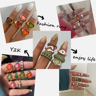 Nhẫn hở hình trái tim đôi bằng kim loại tráng men Y2K cổ điển phong cách Hàn Quốc cho nữ