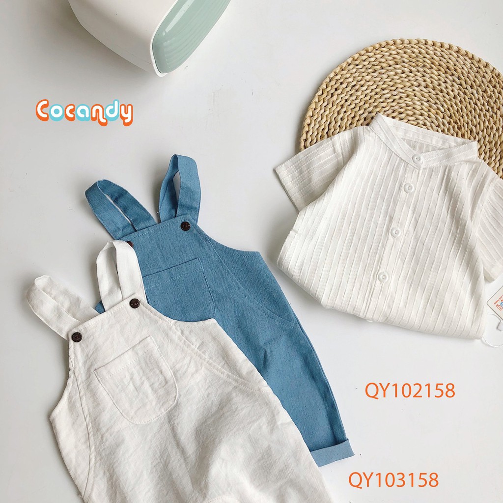 [Cocandy Official Store] Yếm quần chất liệu đũi màu trắng, áo thun kẻ cho bé