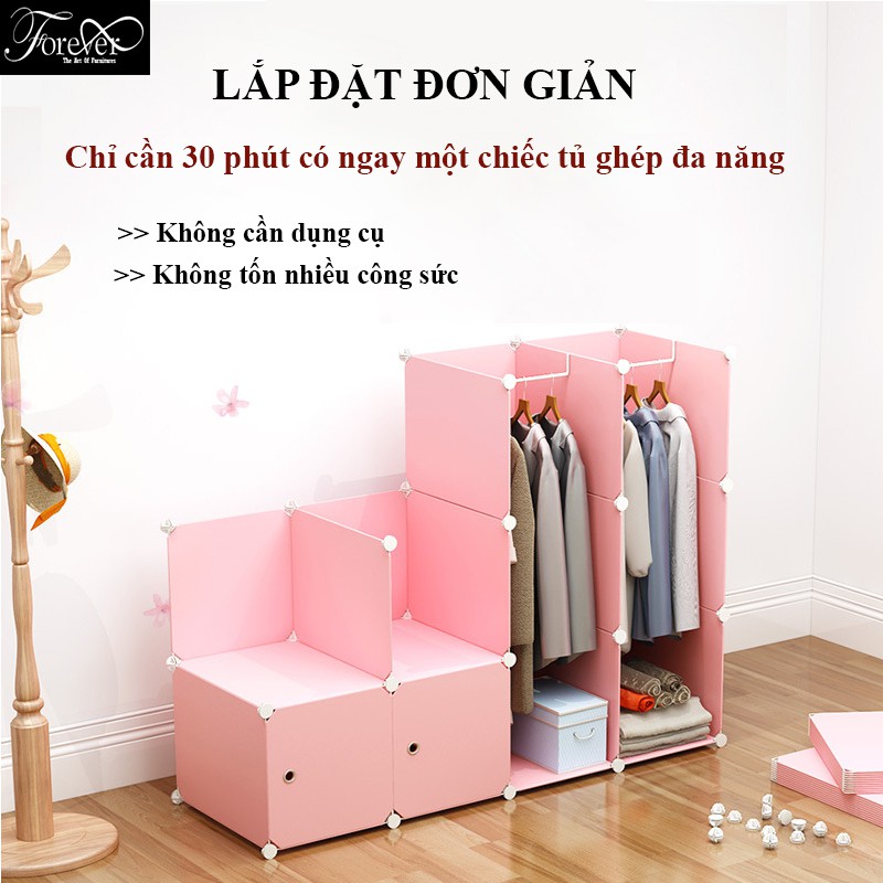 Tủ ghép đựng quần áo 15  ô (5 ô xéo) khung hồng cửa trong vân 111*183*47cm