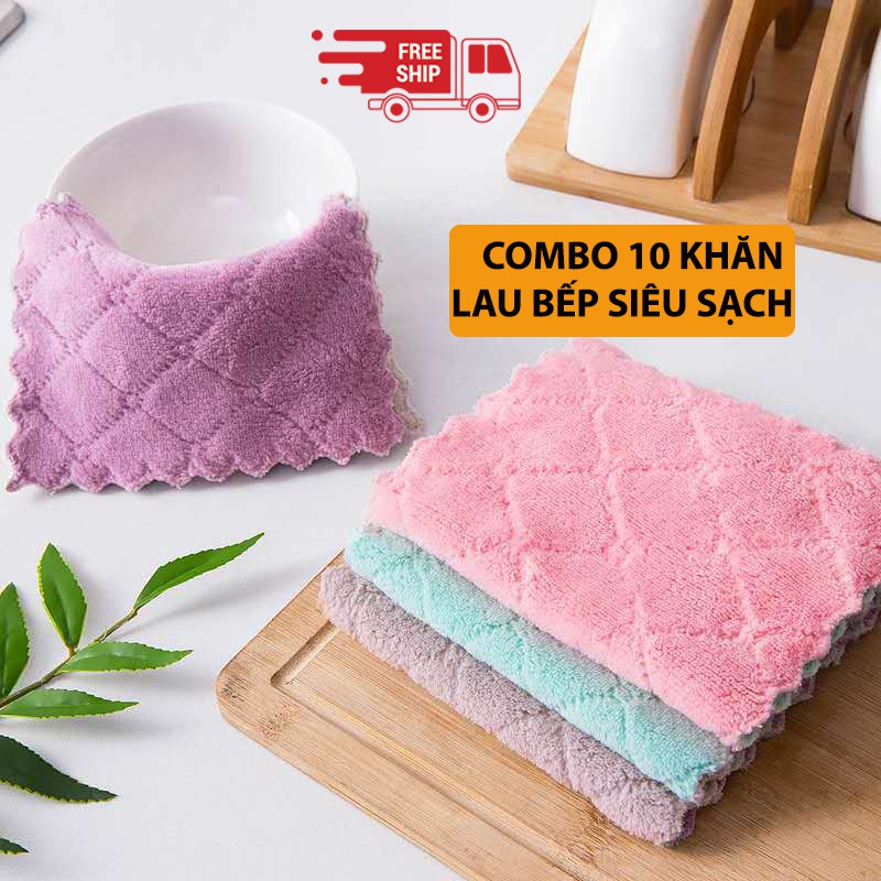 Khăn Lau Đa Năng Siêu Thấm 2 Mặt Mềm Mại Siêu Sạch Chống Dính Dầu Mỡ Nhanh Khô (Combo 10  Khăn)