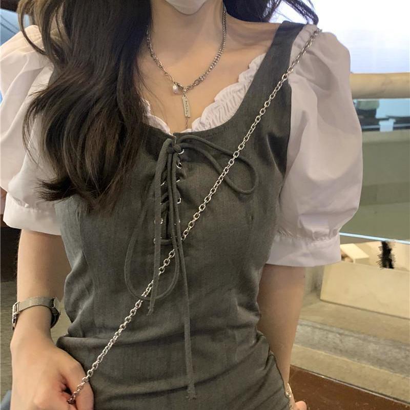 Đầm Ngắn Tay Giả Hai Mảnh Thời Trang Mùa Hè Cho Nữ