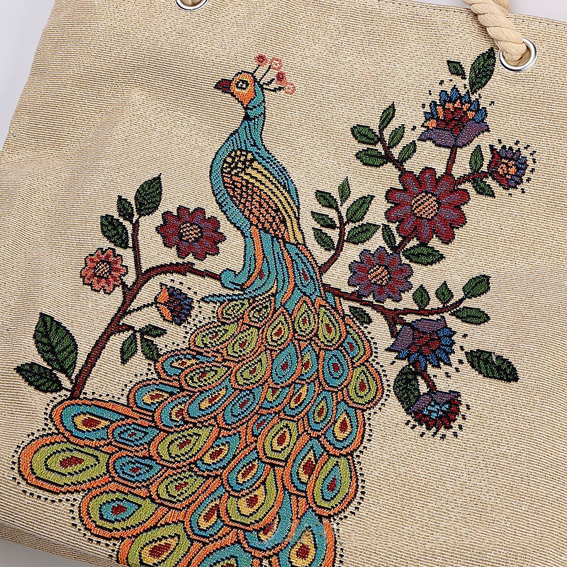 Evertoner Túi Xách Canvas Cỡ Lớn Thêu Họa Tiết Chim Công Phong Cách Bohemian Thời Trang Cho Nữ