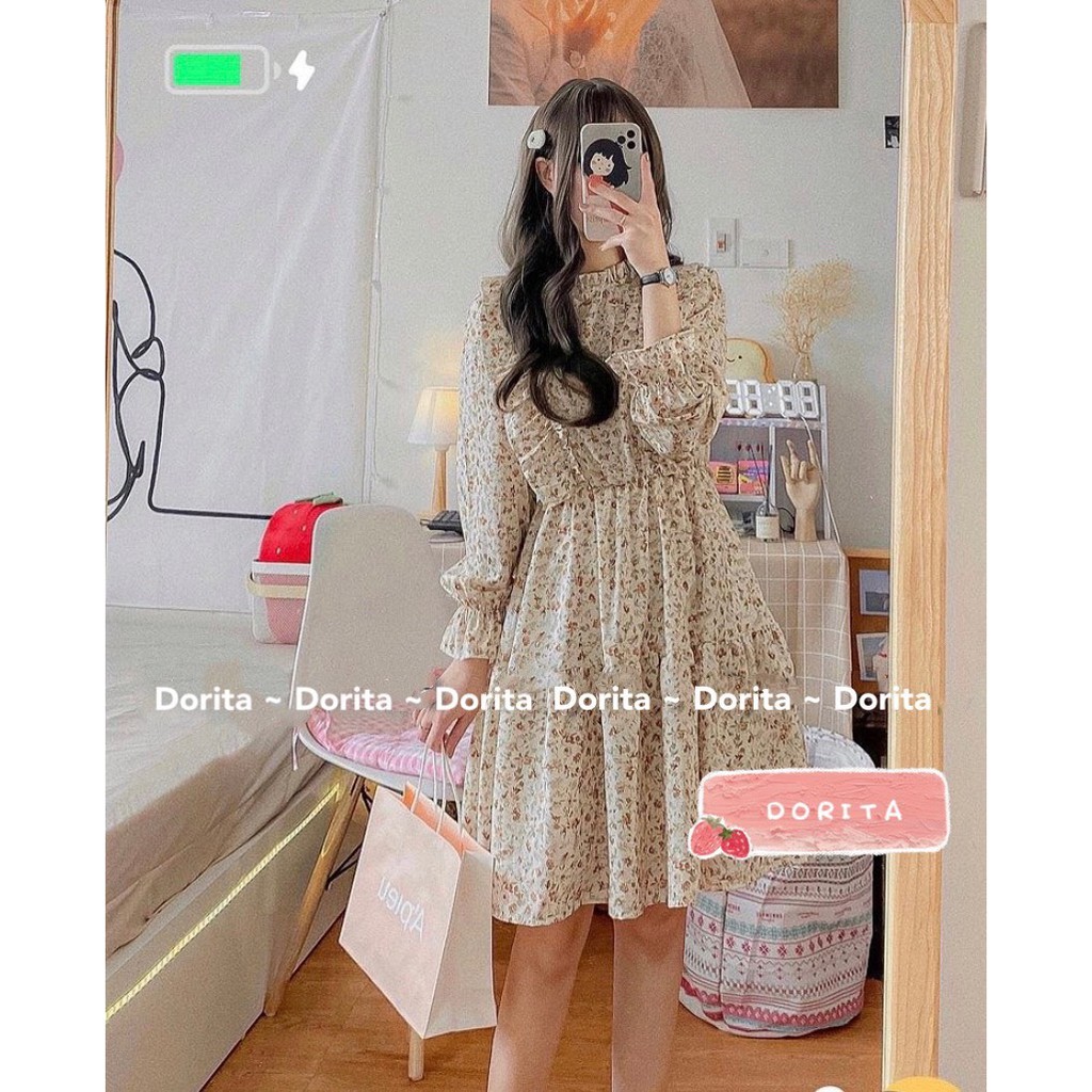 Váy hoa vintage dáng xòe cánh tiên, Đầm hoa vintage viền bèo