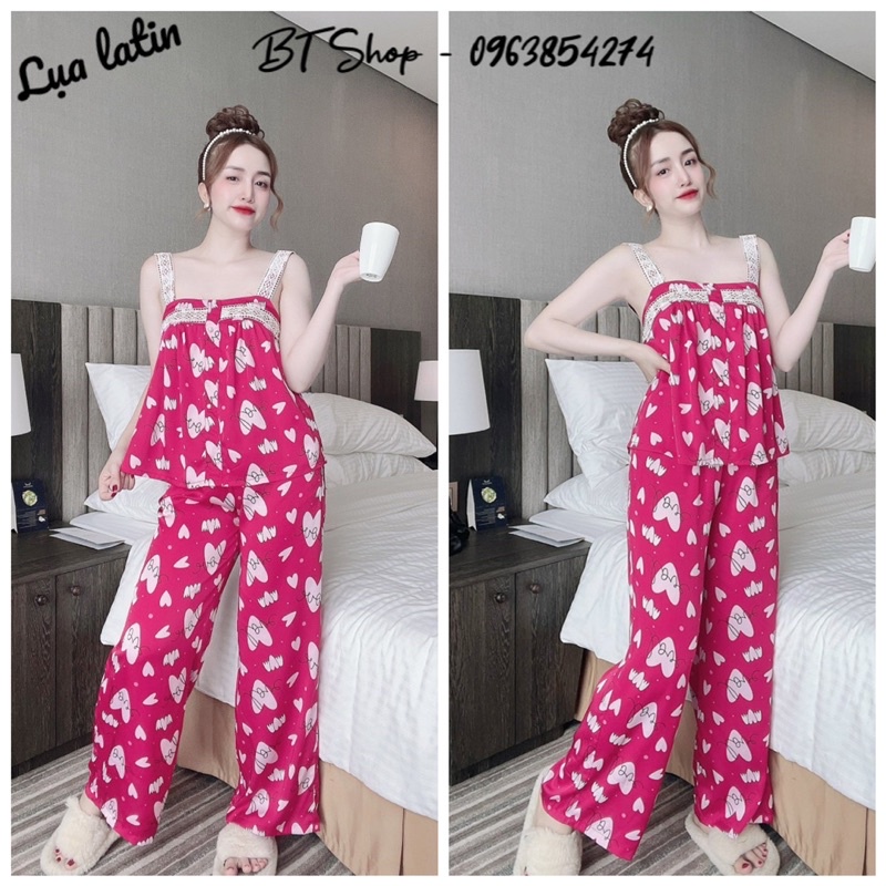 Đồ ngủ lụa latin 2 dây phối ren nút áo quần dài hoạ tiết freesize 42-57kg
