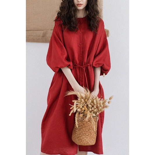 Thương Hiệu Lớn Thương Hiệu Thương Hiệu Ý Đầm Sơ Mi Vải Lanh Cotton Hàng Châu Âu Đơn Giản Cho Nữ
