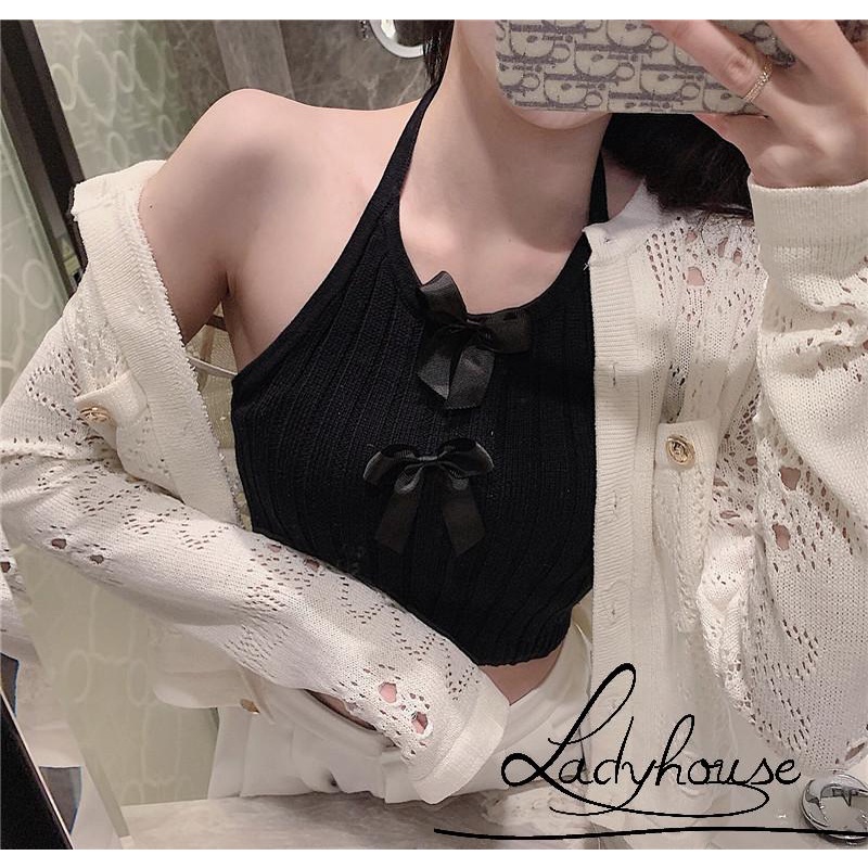 LD-Women Summer Crop Tops, Bowknot Decorative Halter Neck Sleeveless Backless Knit Tank Tops for Girls,