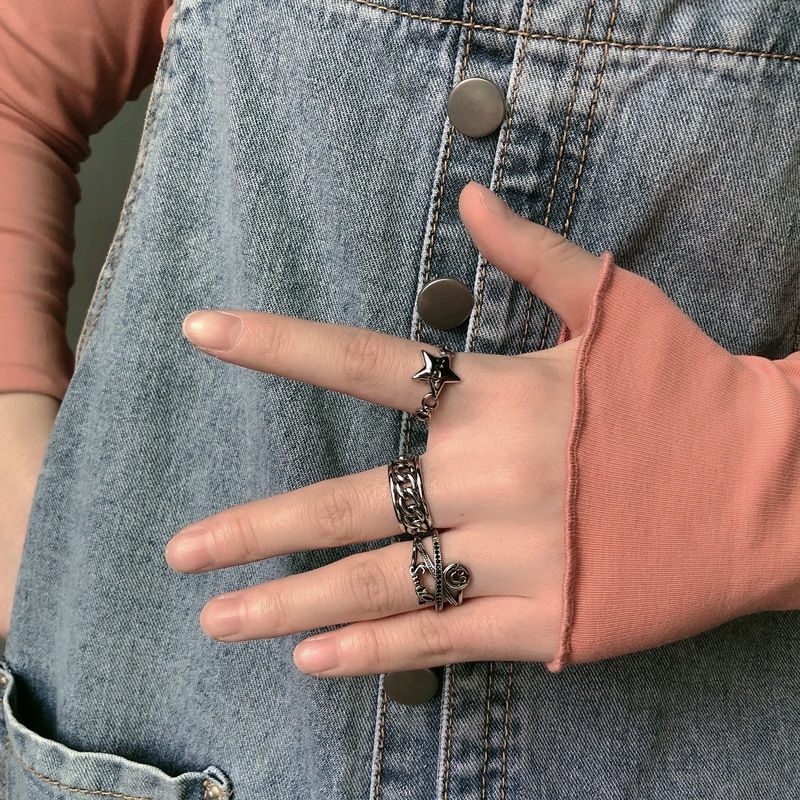 Nhẫn hai lớp dạng hở kiểu dây xích có thể điều chỉnh kích thước hình mặt cười cho cặp đôi 22373