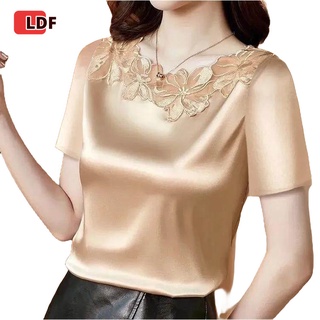 Áo sơ mi vải lụa satin tay ngắn dáng rộng phối ren thời trang cho nữ