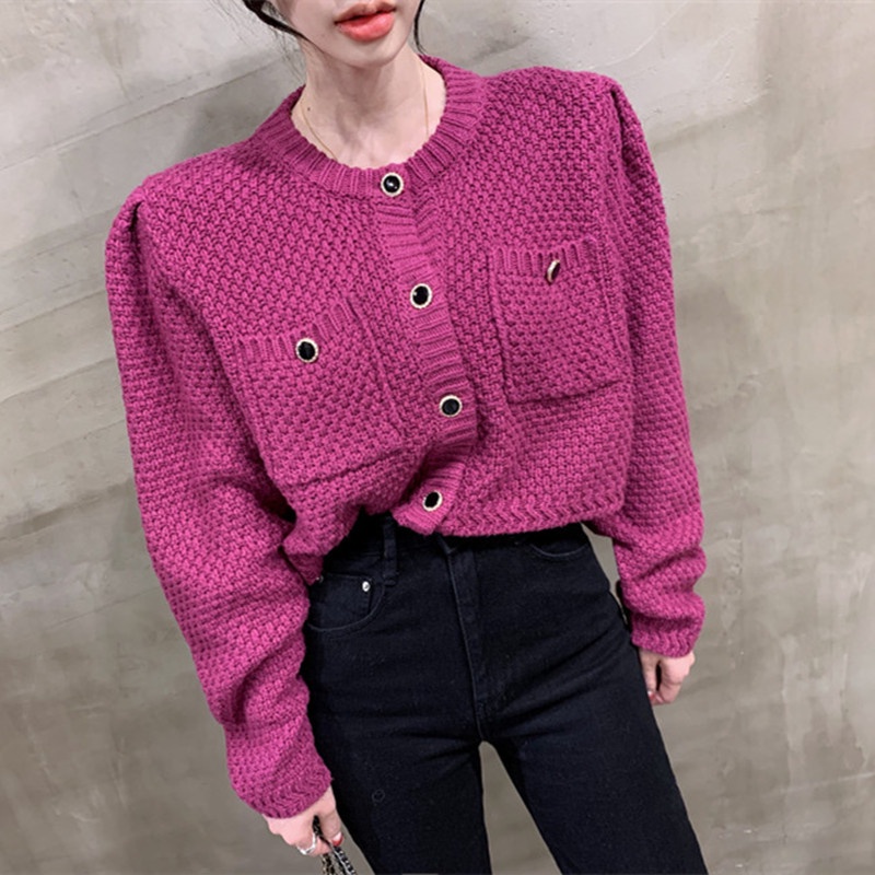 Áo khoác cardigan dệt kim cổ tròn tay phồng thiết kế hai túi có cài nút thời trang cho nữ