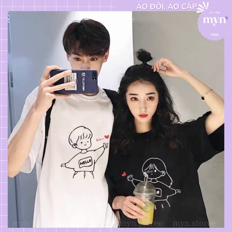 Áo cặp nam nữ, áo đôi cổ tròn in hình dễ thương đi chơi-PINK