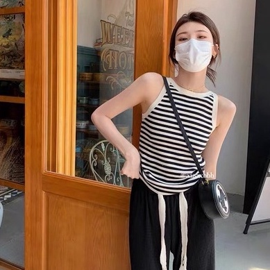 Áo Dệt Kim Hai Dây Dáng Ôm Họa Tiết Kẻ Sọc Thời Trang Hàn Quốc Cho Nữ