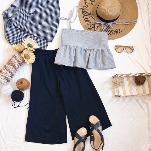 Set áo peplum sọc quần navy