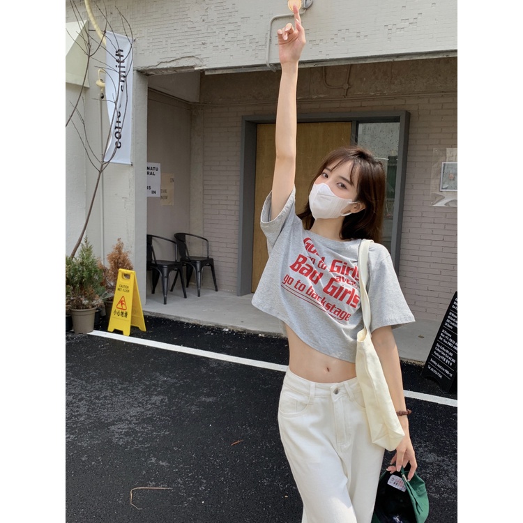 Áo thun croptop ngắn tay in chữ thời trang Hàn Quốc dành cho nữ