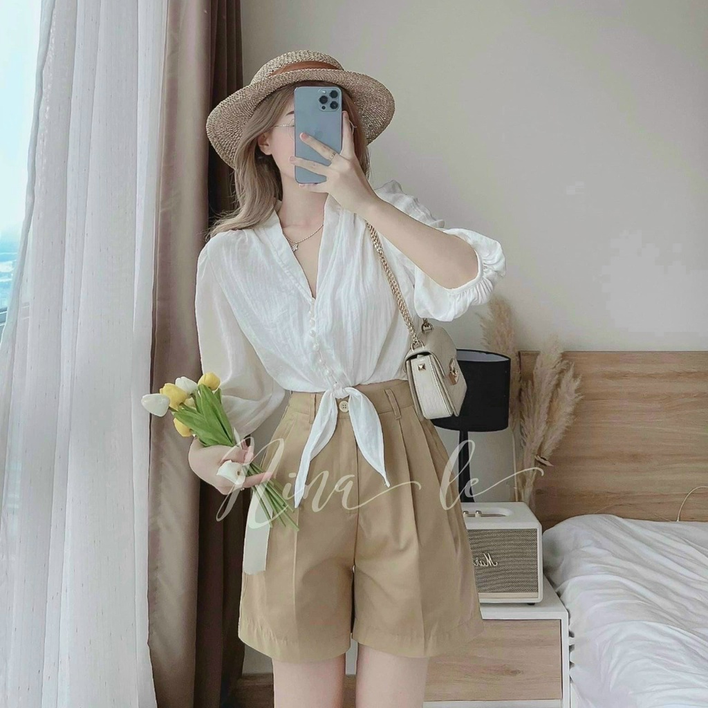 FREESHIP Sét Bộ Quần Đùi nữ form Rộng Kèm Áo Sơ Mi Cách Điệu năng động trẻ trung GKM