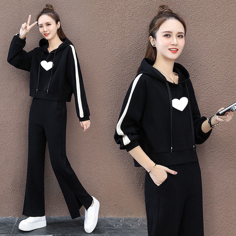 Bộ Đồ Thể Thao Áo Hoodie Dáng Rộng Xẻ Tà + Quần Ống Rộng Thời Trang Hàn Quốc Cho Nữ