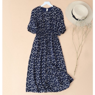 Đầm cotton rút eo kachisa 653 hoa nhí màu xanh