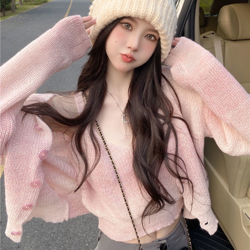 Áo khoác cardigan hai mảnh họa tiết nhuộm màu ngọt ngào thời trang mùa thu mới 2021 cho nữ
