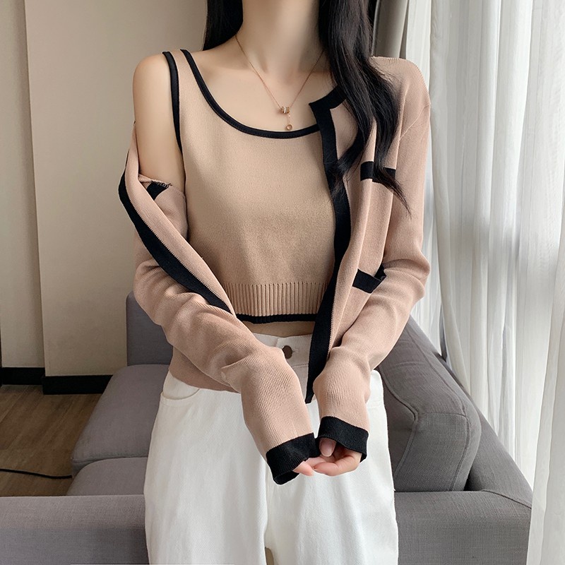 Set Áo Khoác Cardigan Dài Tay Và Áo Len Ngắn Phong Cách Hàn Quốc Mới