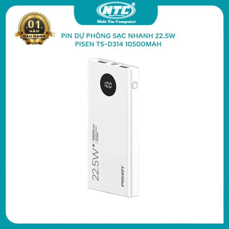 Pin dự phòng sạc nhanh Pisen TS-D314 dung lượng 10500mAh hỗ trợ QC 3.0 và PD 22.5W - tích hợp màn hình LCD (Trắng)