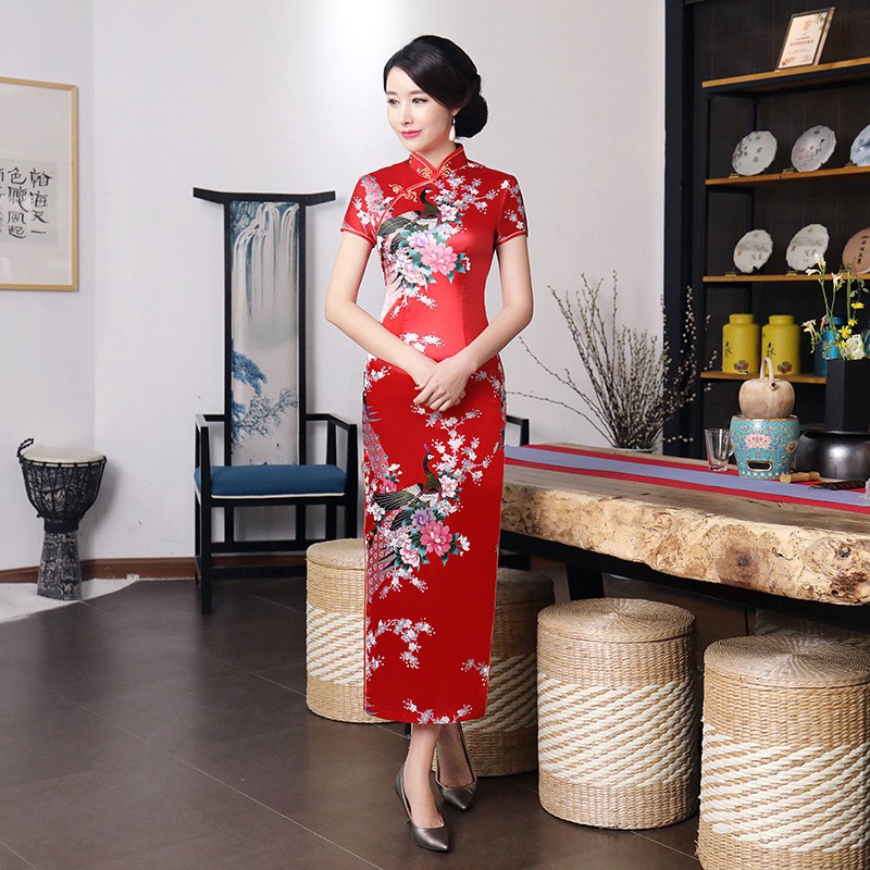 Chinese National Spring Cheongsam Long Dress Peacock Floral Vintage Silk Women Dresses | BigBuy360 - bigbuy360.vn