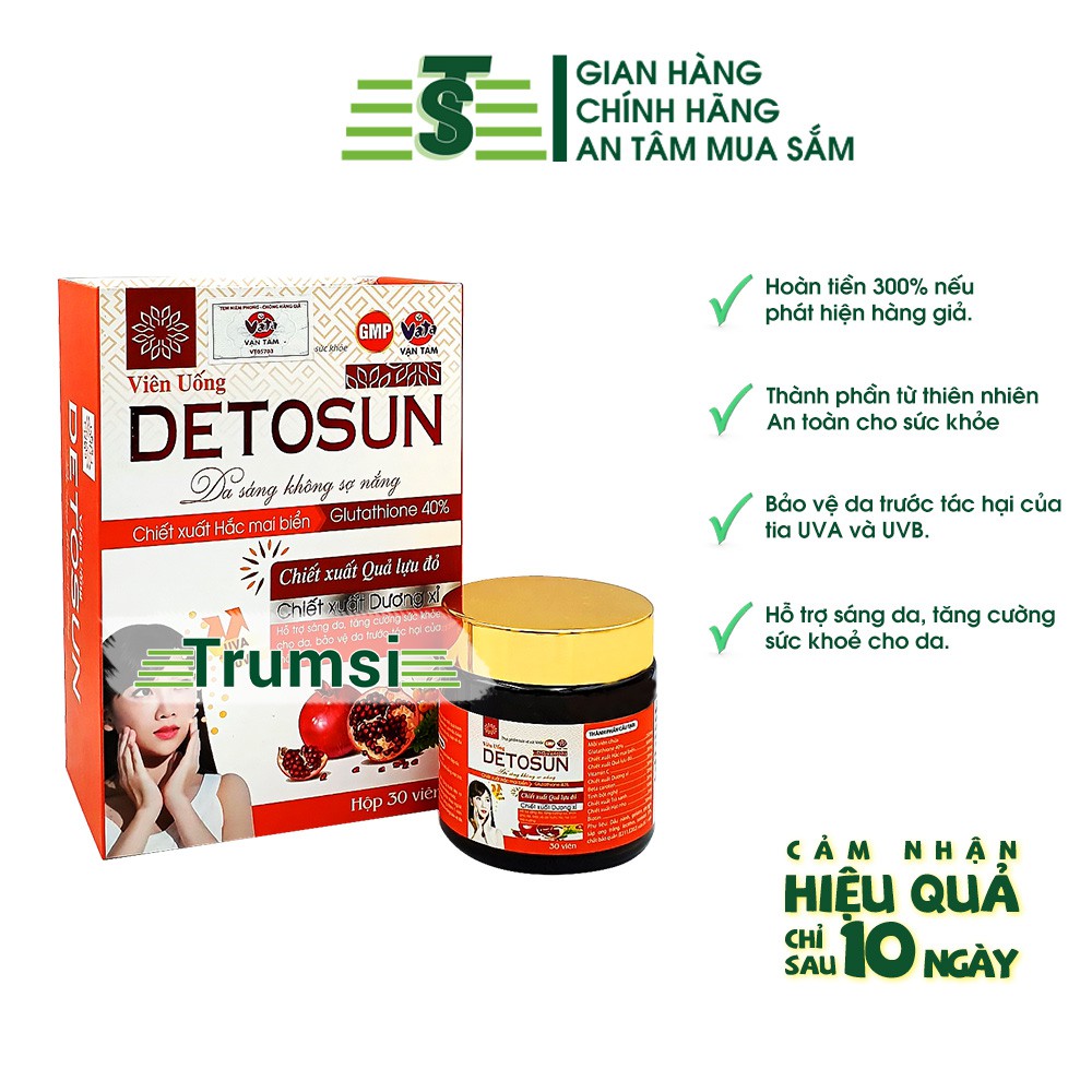 Viên uống chống nắng Detosun, bổ sung glutathione giúp đẹp da, giảm sạm nám da, chống lão hóa, bảo vệ da (Hộp 30 viên)