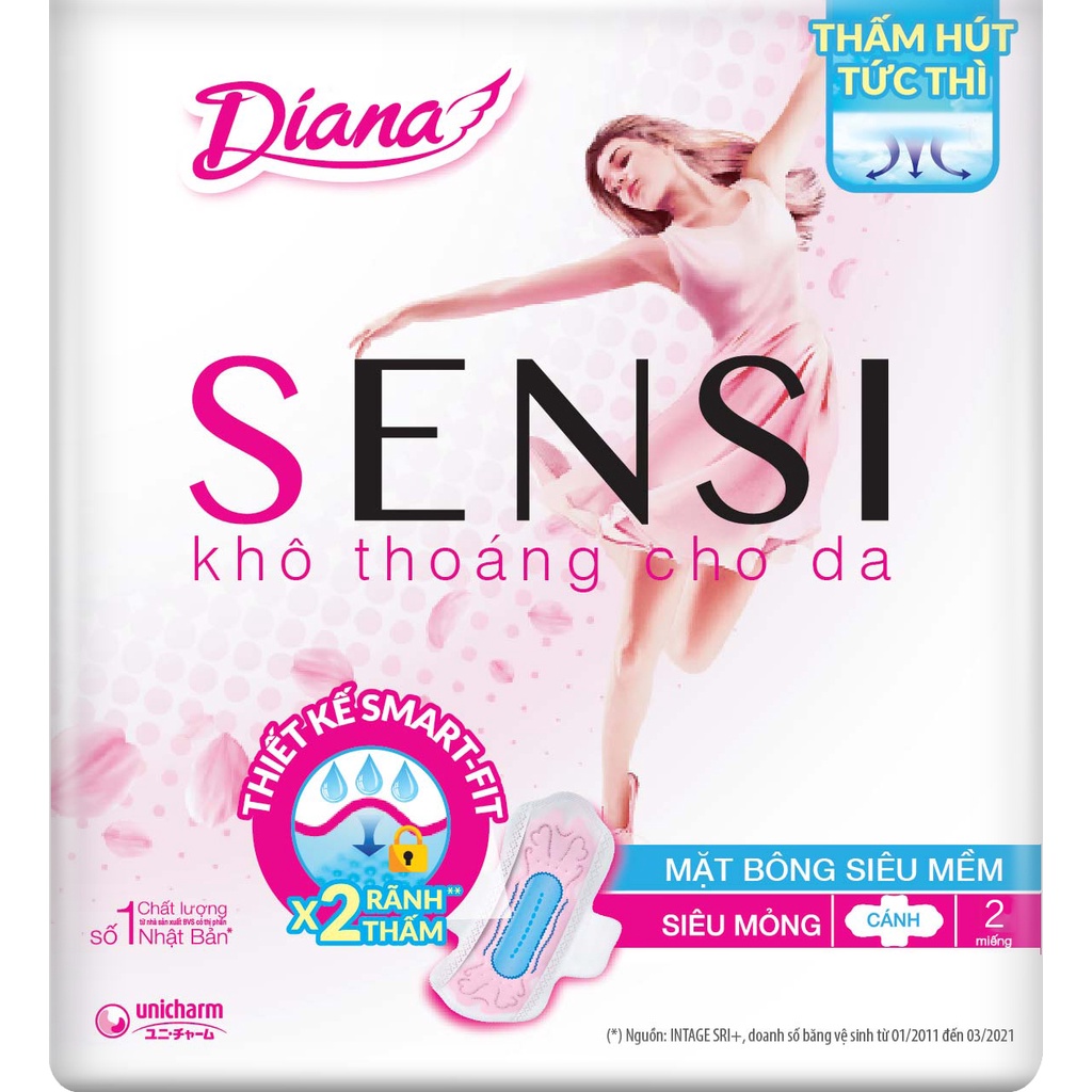 Combo 20 miếng (10 gói) Băng vệ sinh Diana SENSI/ SIÊU THẤM Cool Fresh siêu mỏng cánh 23cm