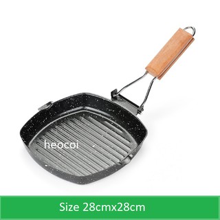 Chảo nướng chống dính Hàn Quốc cao cấp, vuông 28x28cm, cán gỗ gấp gọn, vân đá hoa cương, dùng mọi loại bếp