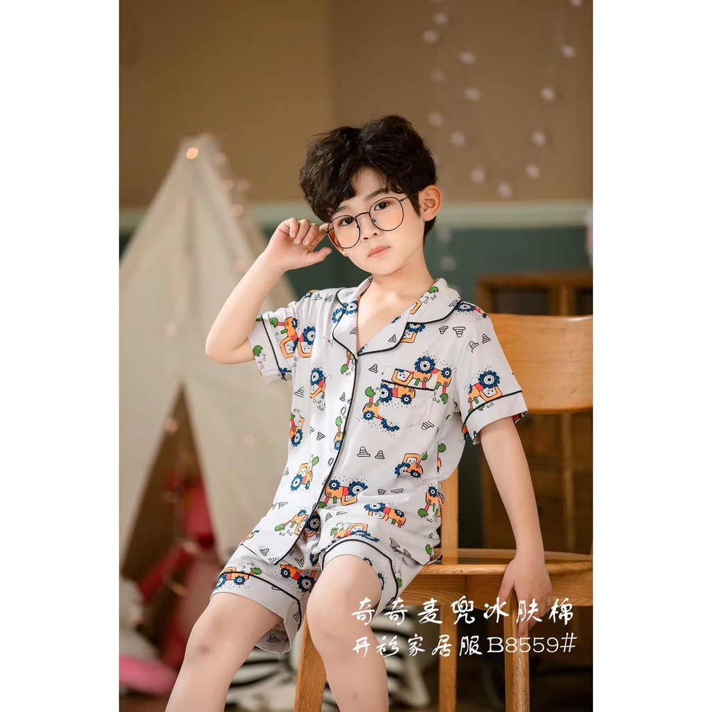 Bộ Pijama cho bé 7-14 tuổi cộc tay in hình xuất Hàn, Đồ ngủ bé trai vải cotton thấm hút mồ hôi