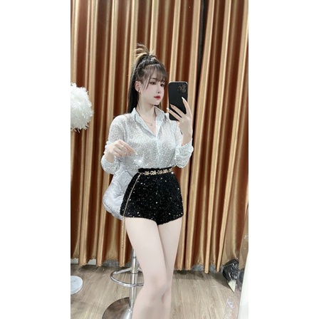 Áo sơ mi kim sa óng ánh mix quần kim sa