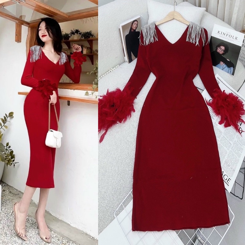 Đầm váy ôm body dáng dài cổ V vai tua rua tay lông đỏ đô/đậm, thời trang nữ kín đáo sang trọng quý phái dự tiệc dạ hội