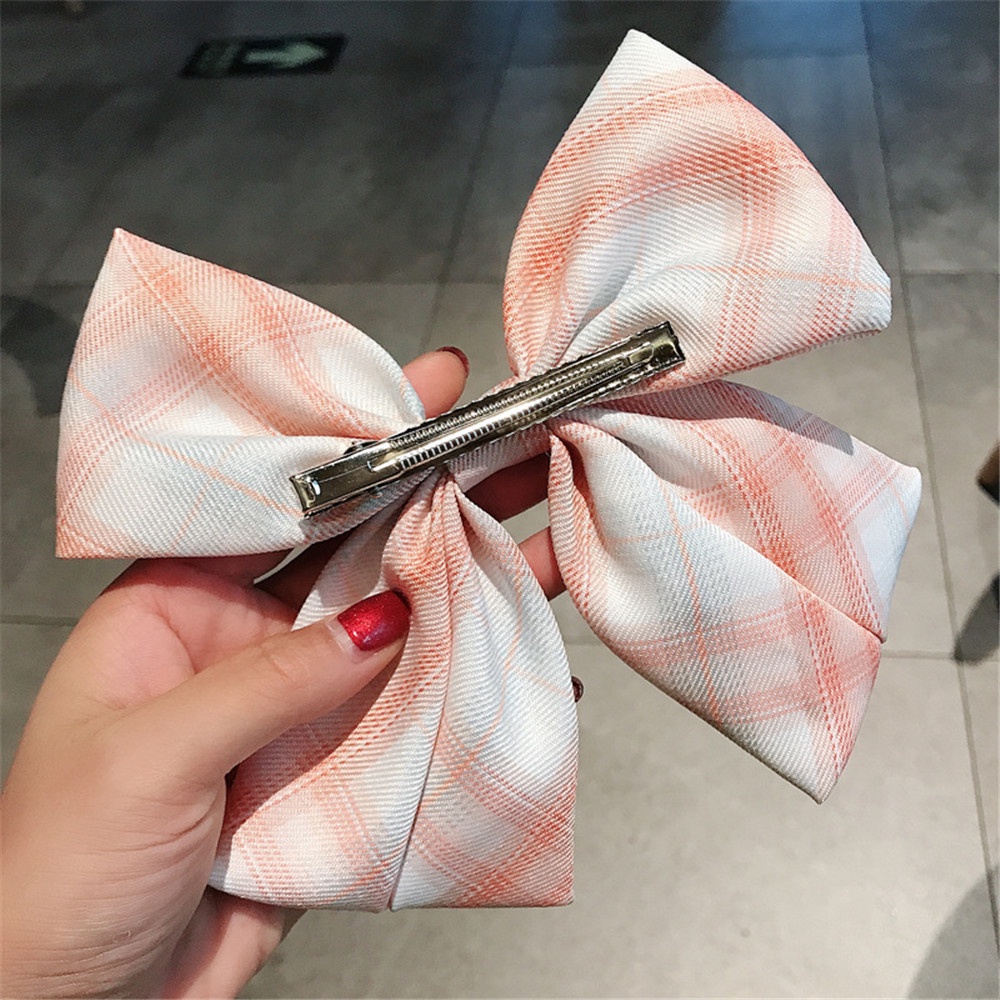 Kẹp Tóc Nơ Bản To Bằng Satin Họa Tiết Sọc Caro Ngọt Ngào Thời Trang Cho Nữ