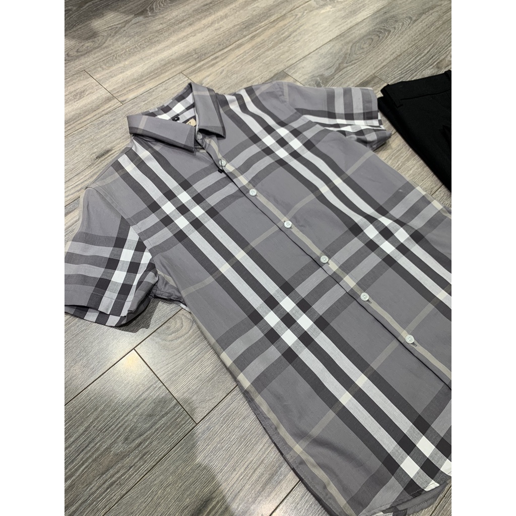 Áo sơ mi kẻ tay ngắn vải cotton , bbr cộc tay kẻ nhỏ mầu ghi sáng