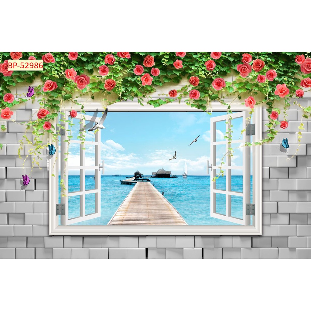 Tranh dán tường 3D khung cửa sổ phong cảnh