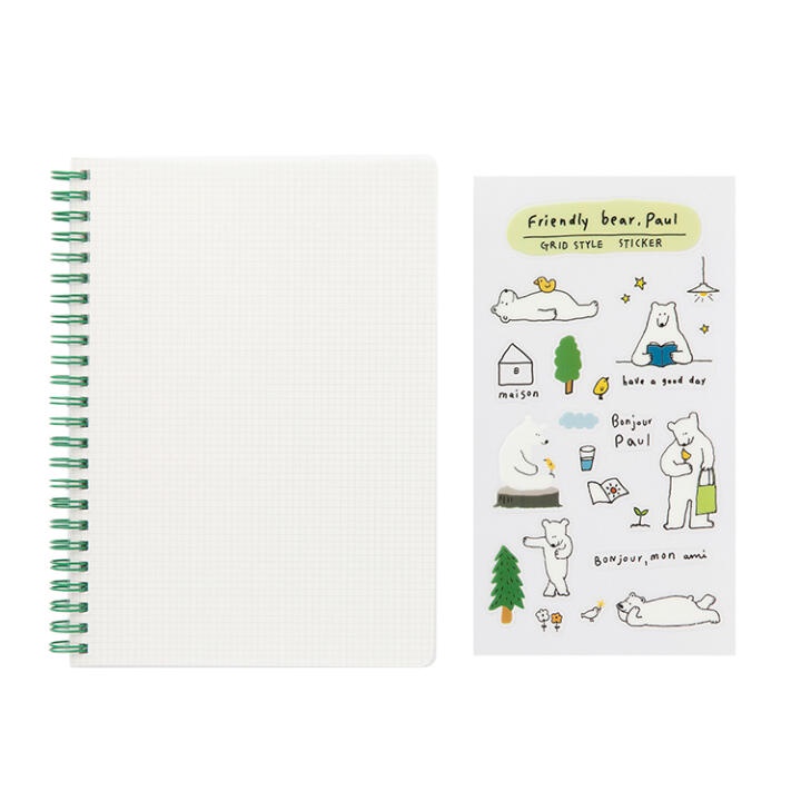 Sổ Ghi Chú ARTBOX Hàn Quốc Bìa PP Trong Suốt Đóng Gáy Lò Xo Giấy Kẻ Ô Vuông Kèm Sticker Hình Gấu BearDễ Thương