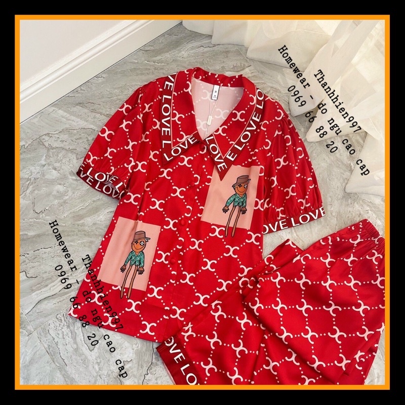 PIJAMA CỘC DÀI LEISURE LOVE YOU RED P002 LỤA SATIN CAO CẤP QC.